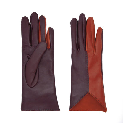 Women's bordeaux and orange metal free nappa leather gloves unlined with sustainable cashmere lining