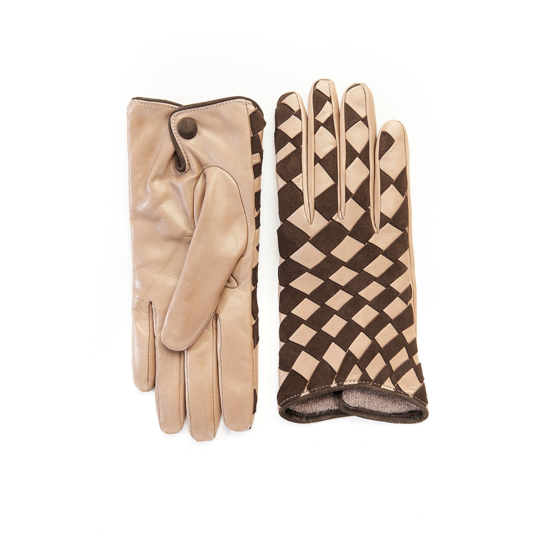 Women's leather gloves with woven panel of alpaca nappa and brown suede mix cashmere lining