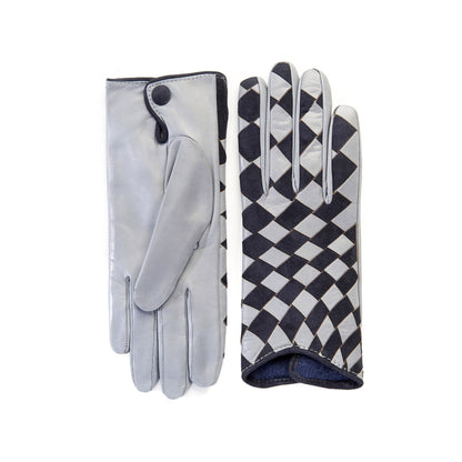 Women's leather gloves with woven panel of grey nappa and blue suede mix cashmere lining