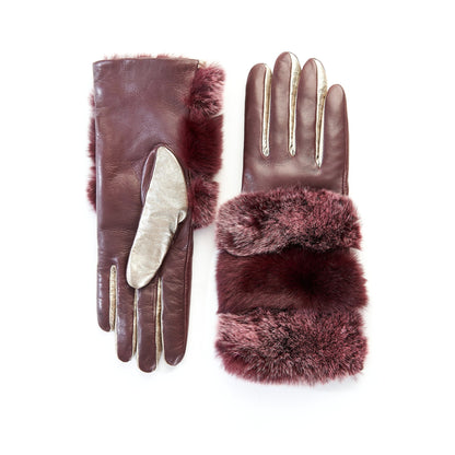Women's gloves in bordeaux and gold nappa leather with natural fur