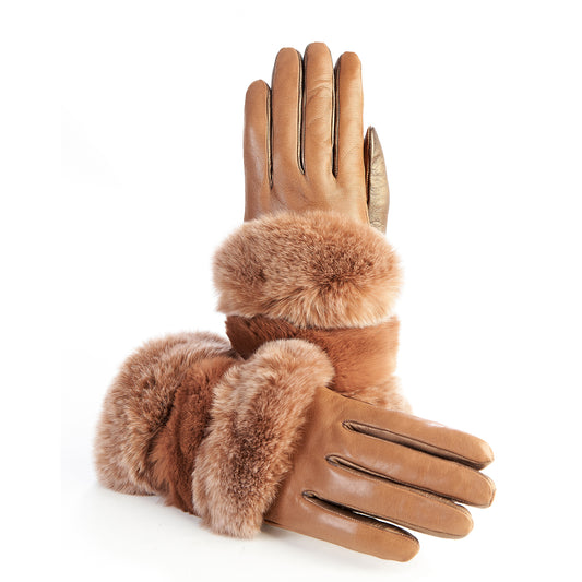 Women's gloves in cognac and bronze nappa leather with natural fur