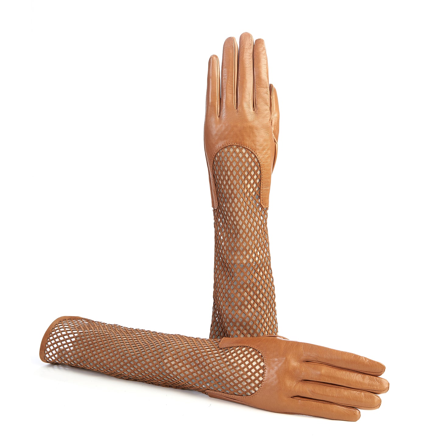 Women's genuine leather gloves in camel nappa and suede elbow lenght sleeve with particular design