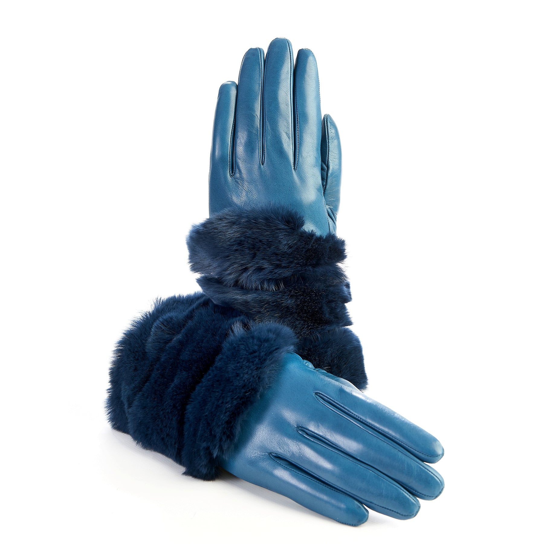 Women's gloves in petrol nappa leather with natural fur