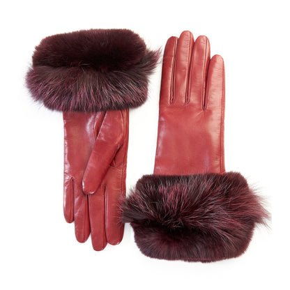 Women's dark red genuine leather gloves with large refined fur cuff