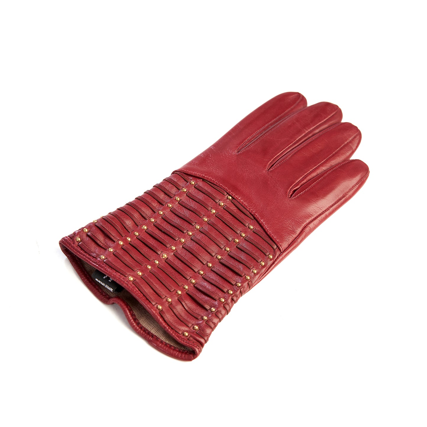 Womens' red leather gloves with studs and woven leather handmade