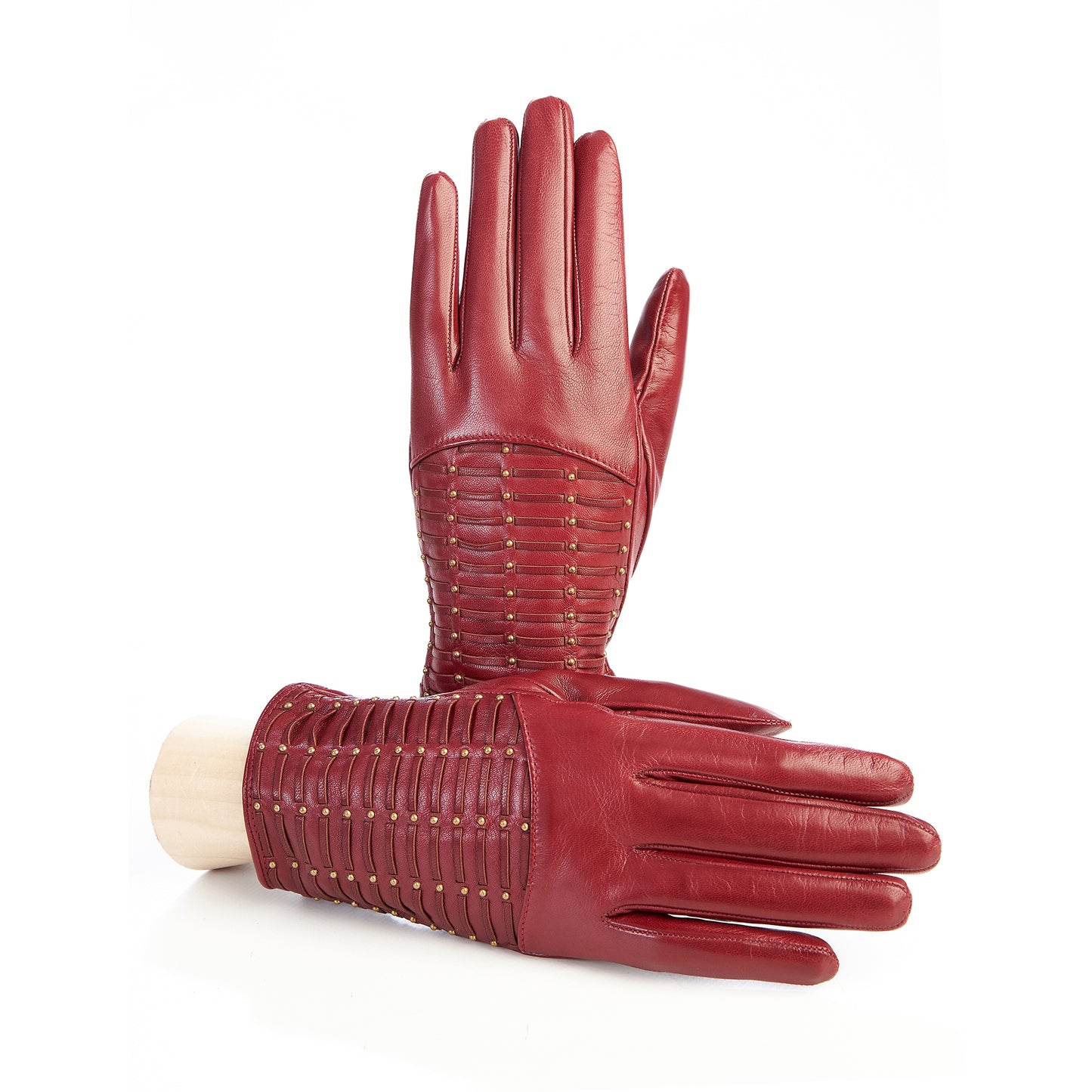 Womens' red leather gloves with studs and woven leather handmade