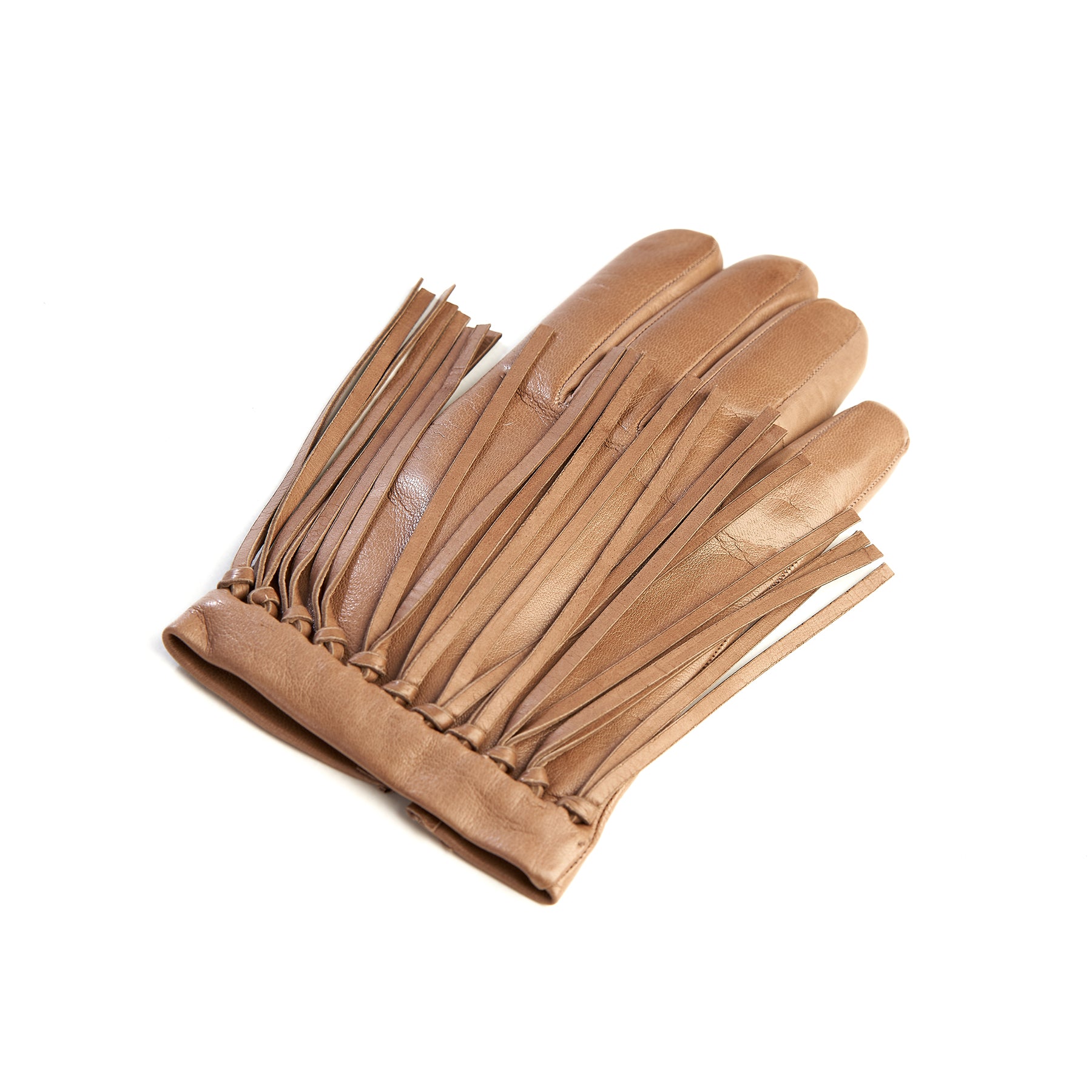 Women's cashmere lined sheepskin gloves with knotted fringes in color alpaca