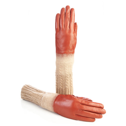 Women's gloves in orange nappa leather with wool needle punch details