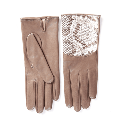 Women's silk lined sheepskin leather gloves with python top detail