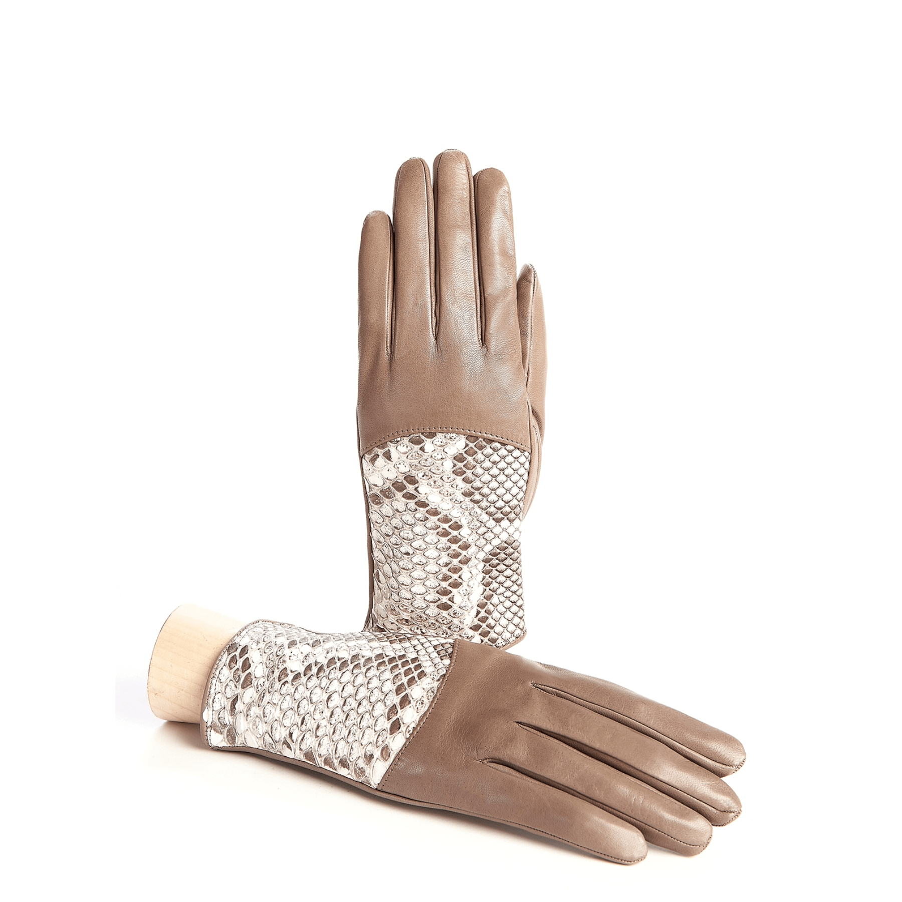 Women's silk lined sheepskin leather gloves with python top detail