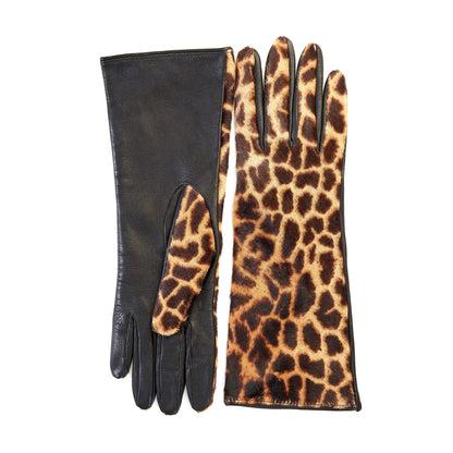 Ladies' leather gloves with yellow leo printed calfskin top details