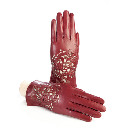 Women's rum leather gloves with laser cut top details