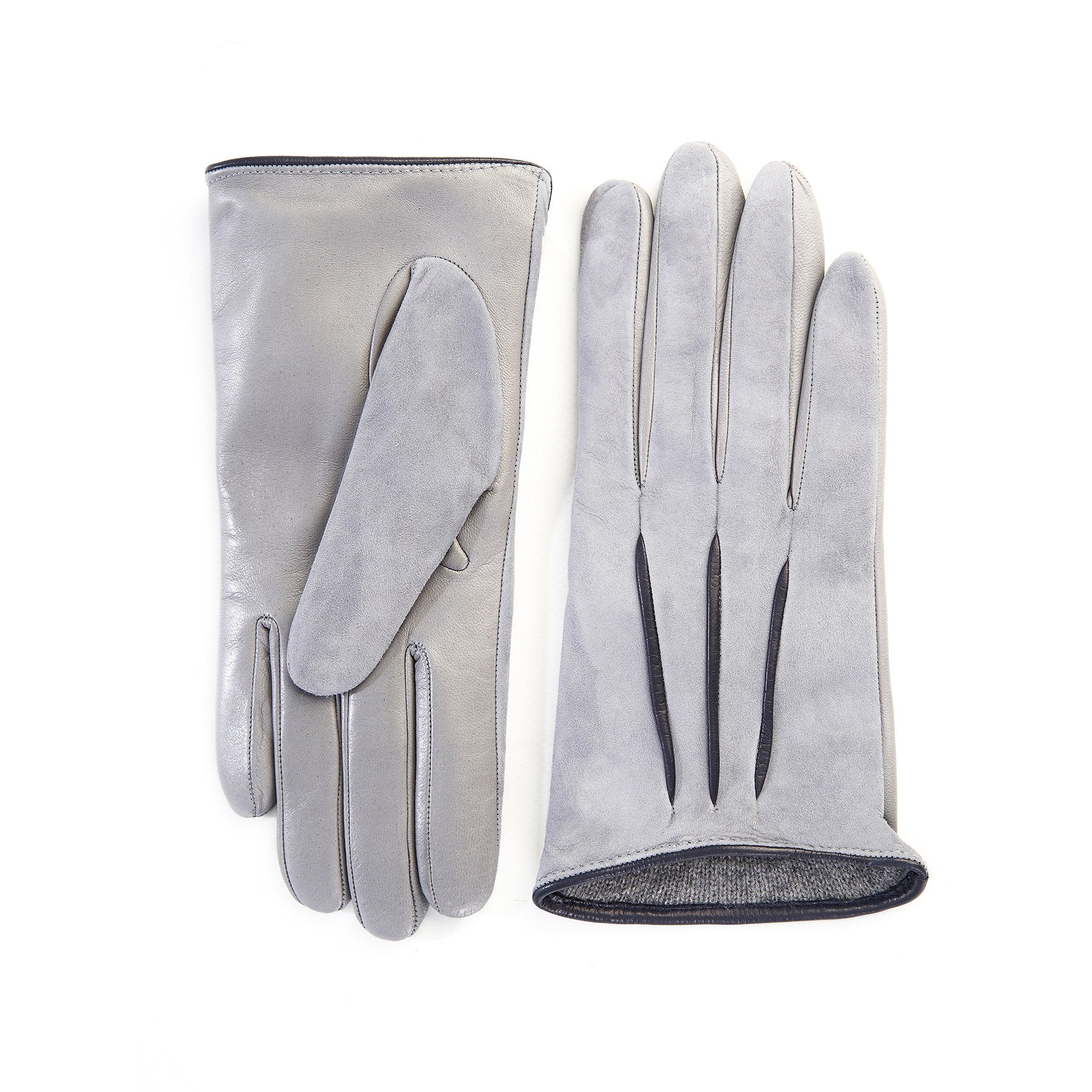 Women's grey suede gloves with blue sheepskin inserts cashmere lining