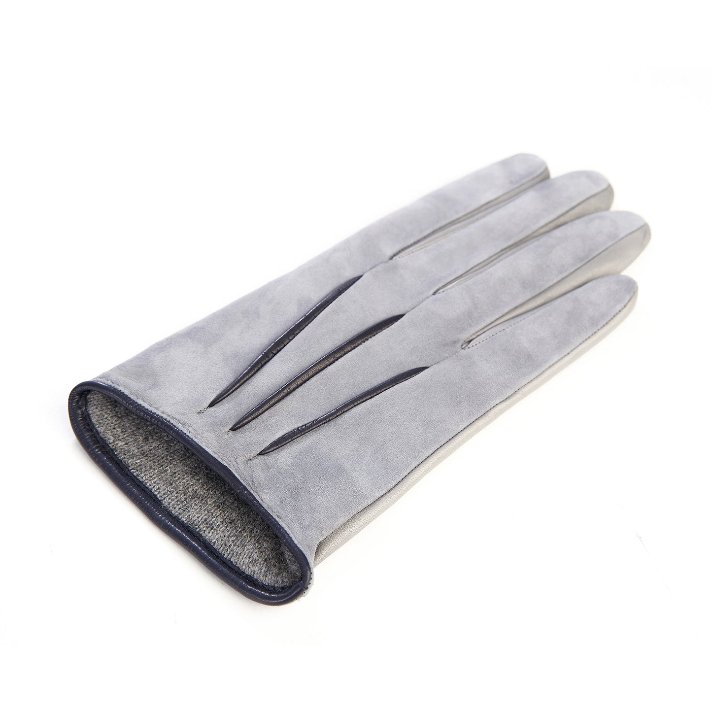 Women's grey suede gloves with blue sheepskin inserts cashmere lining