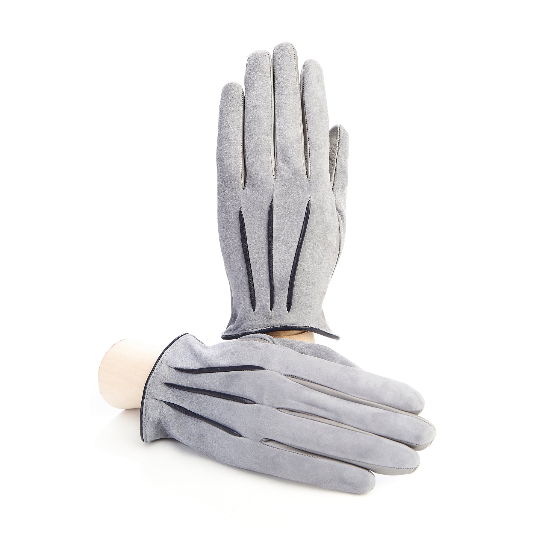 Women's grey suede gloves with blue sheepskin inserts cashmere lining