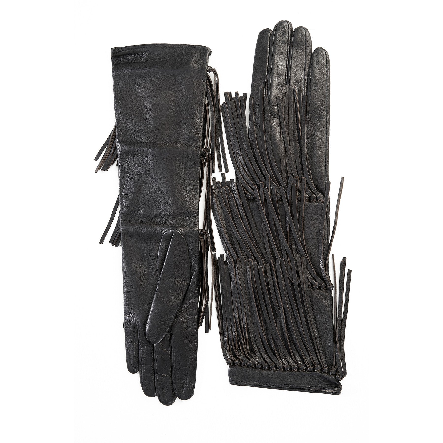 Women's black leather gloves with fringes silk lined