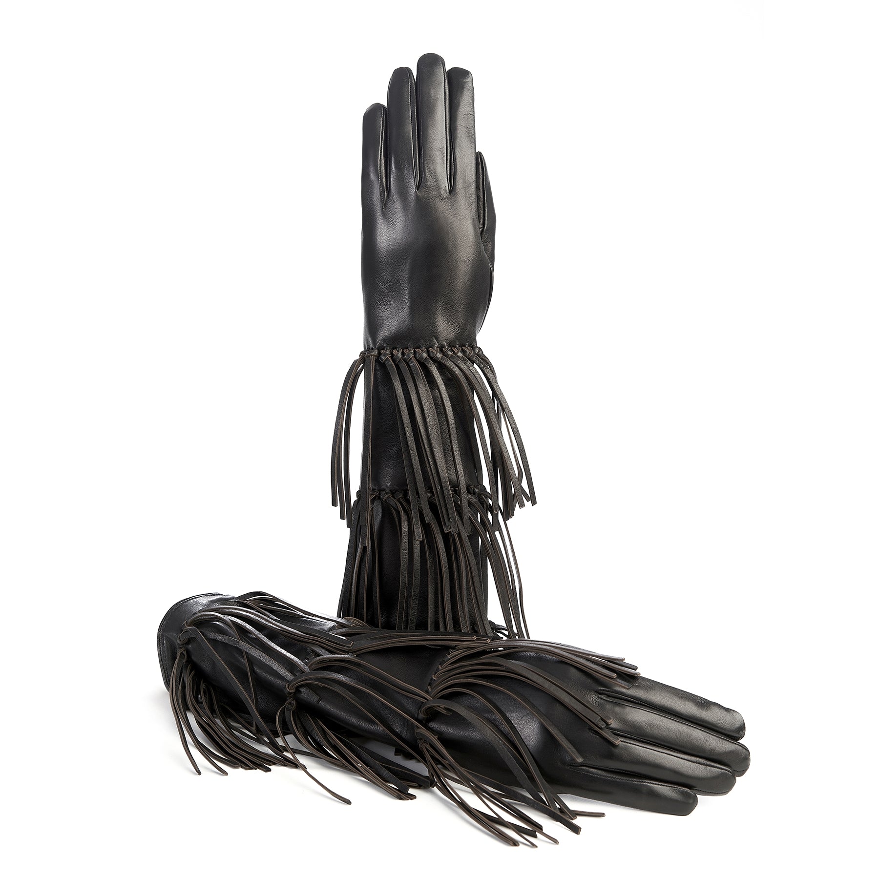 Women's black leather gloves with fringes silk lined