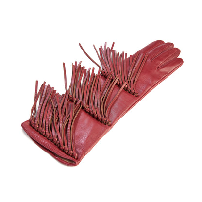 Women's red leather gloves with fringes silk lined