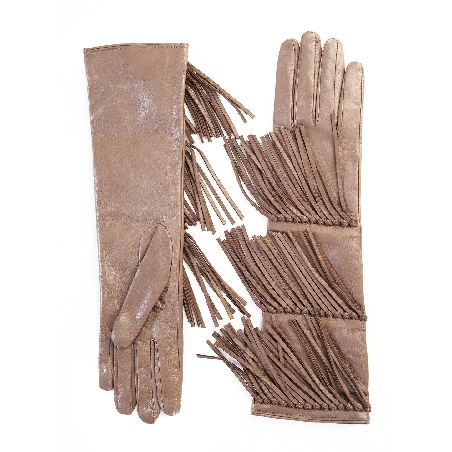 Women's leather gloves with fringes in colour tortora silk lined
