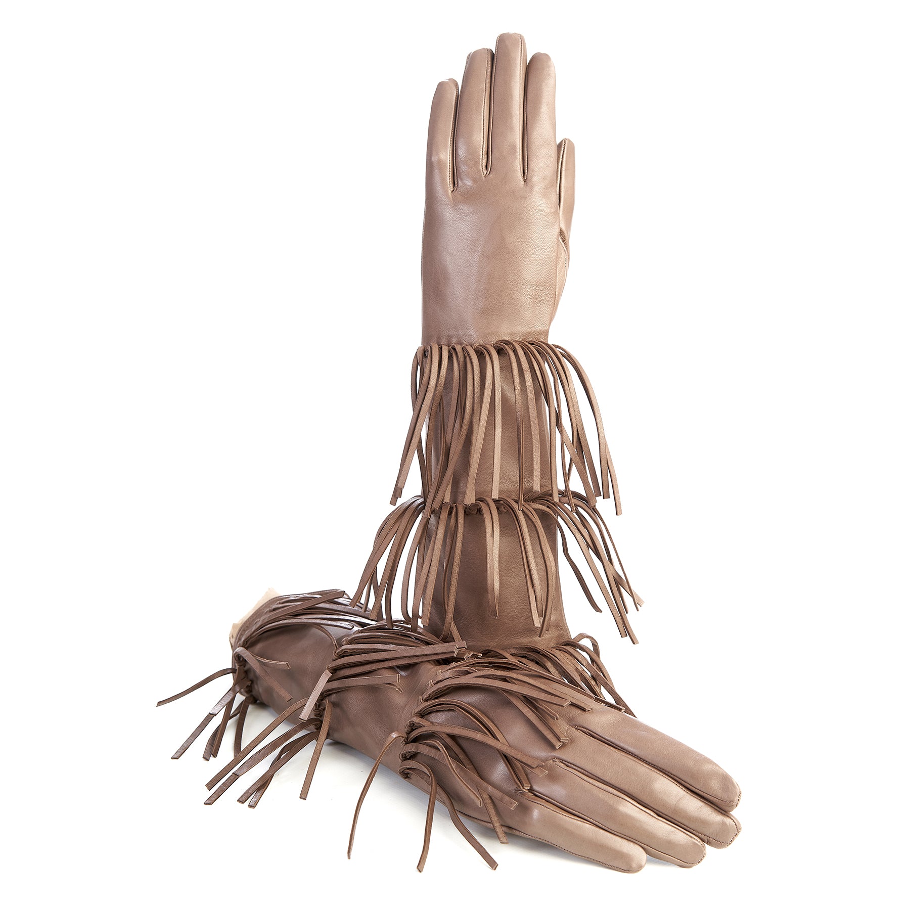 Women's leather gloves with fringes in colour tortora silk lined