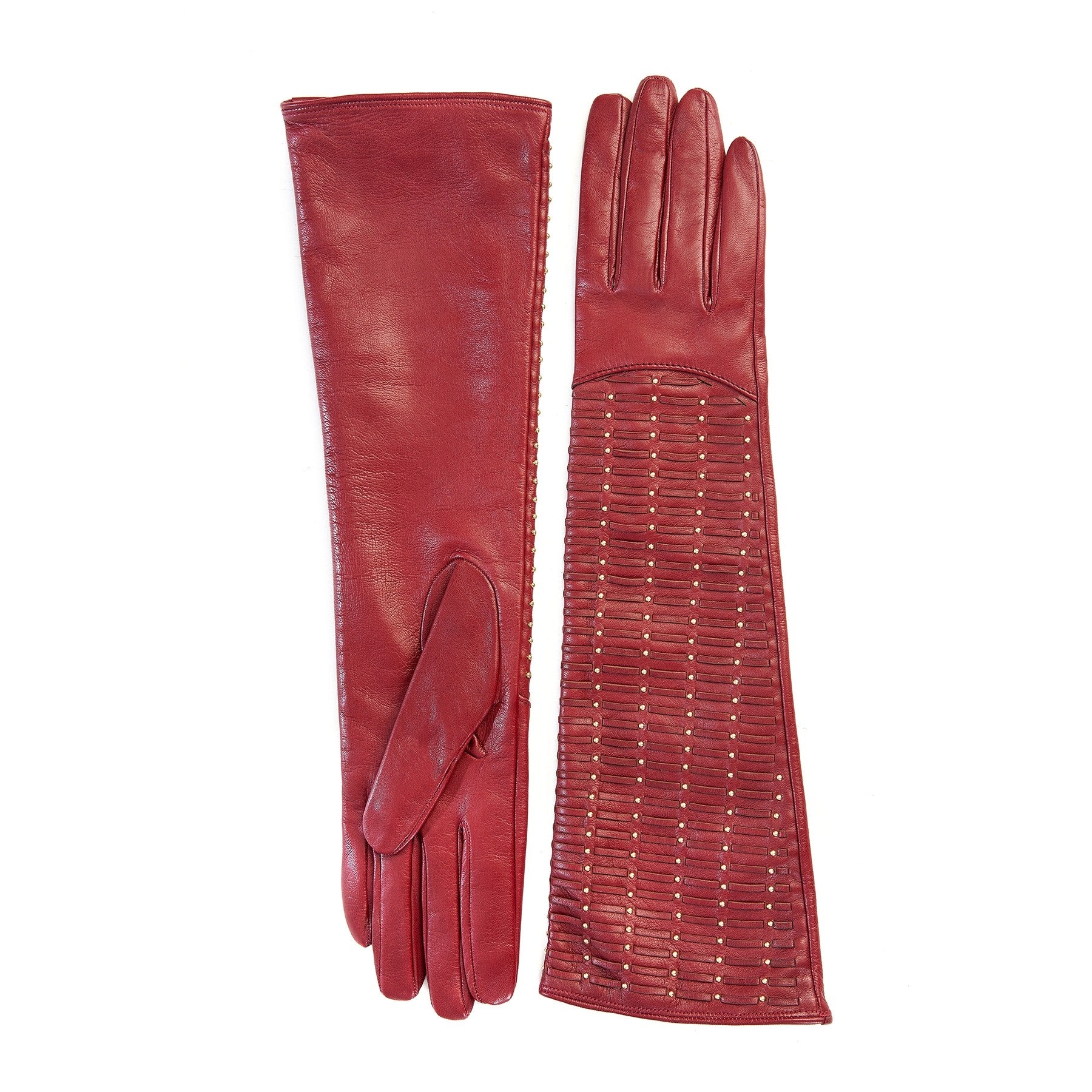 Ladies' long red leather gloves with studs and woven leather handmade