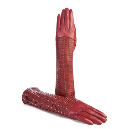 Ladies' long red leather gloves with studs and woven leather handmade
