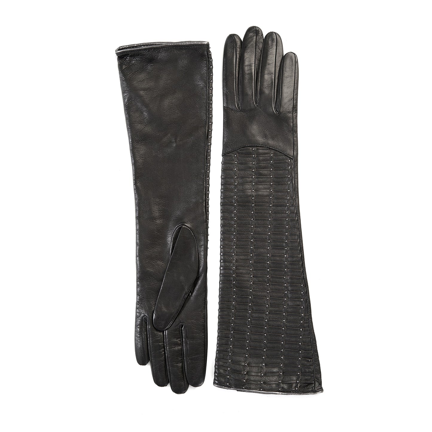 Ladies' long black leather gloves with studs and woven leather handmade