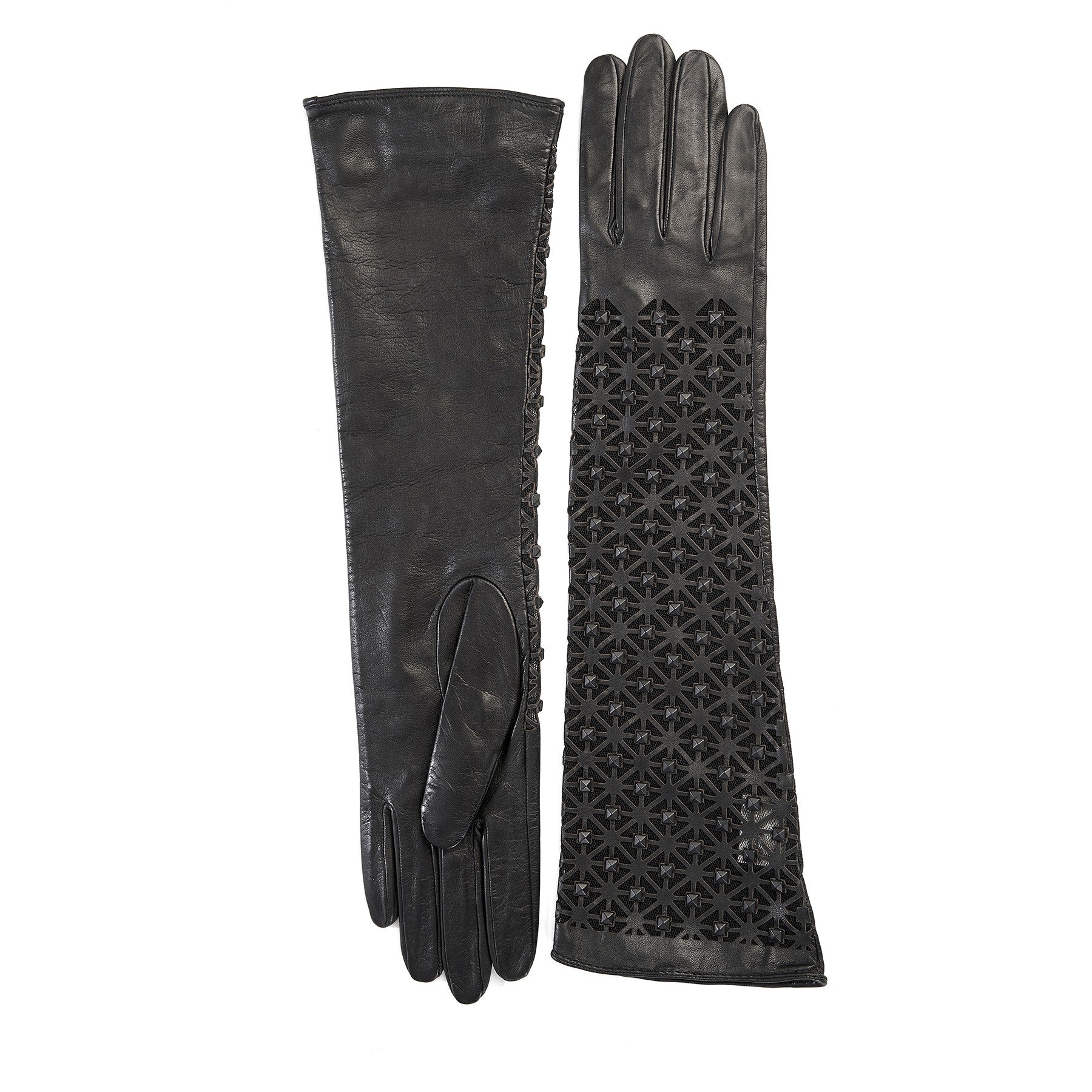 Ladies' exsclusive long unlined black leather gloves with studs – Gala  Gloves