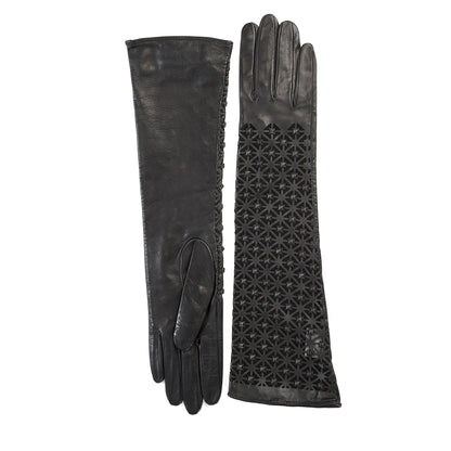 Ladies' exsclusive long unlined black leather gloves with studs