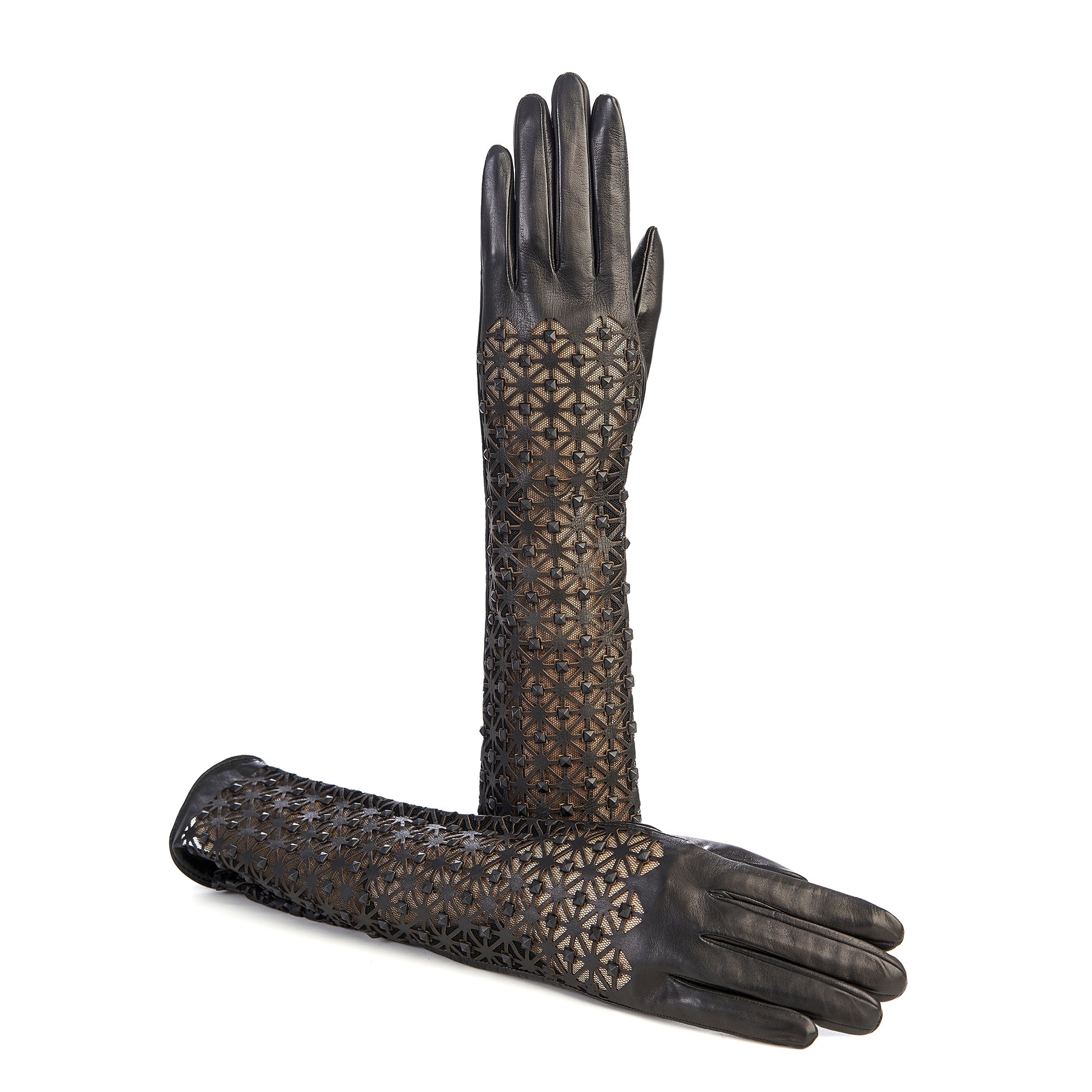 Ladies' exsclusive long unlined black leather gloves with studs