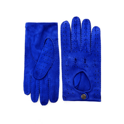 Men's unlined hand-stitched suede driving gloves in elctric blu color with button closure