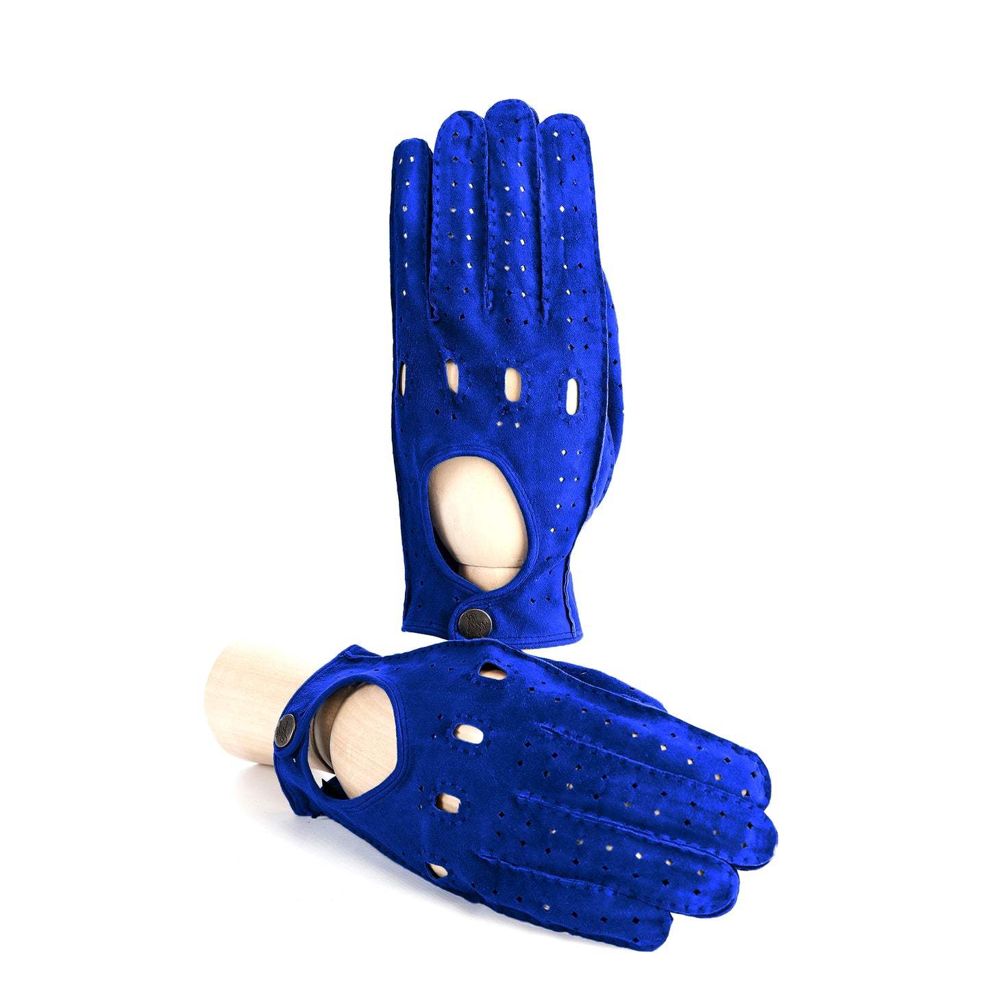 Men's unlined hand-stitched suede driving gloves in elctric blu color with button closure