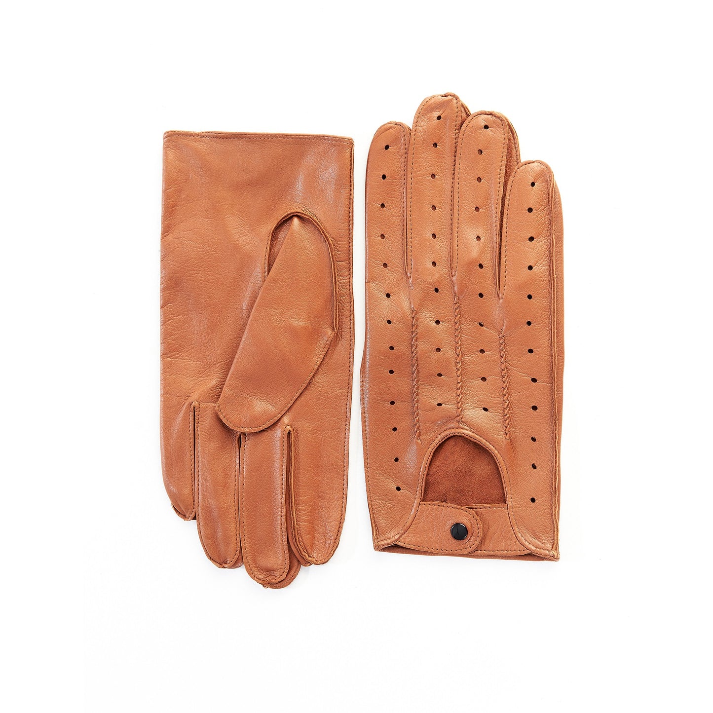 Men's unlined camel leather driving gloves with button closure
