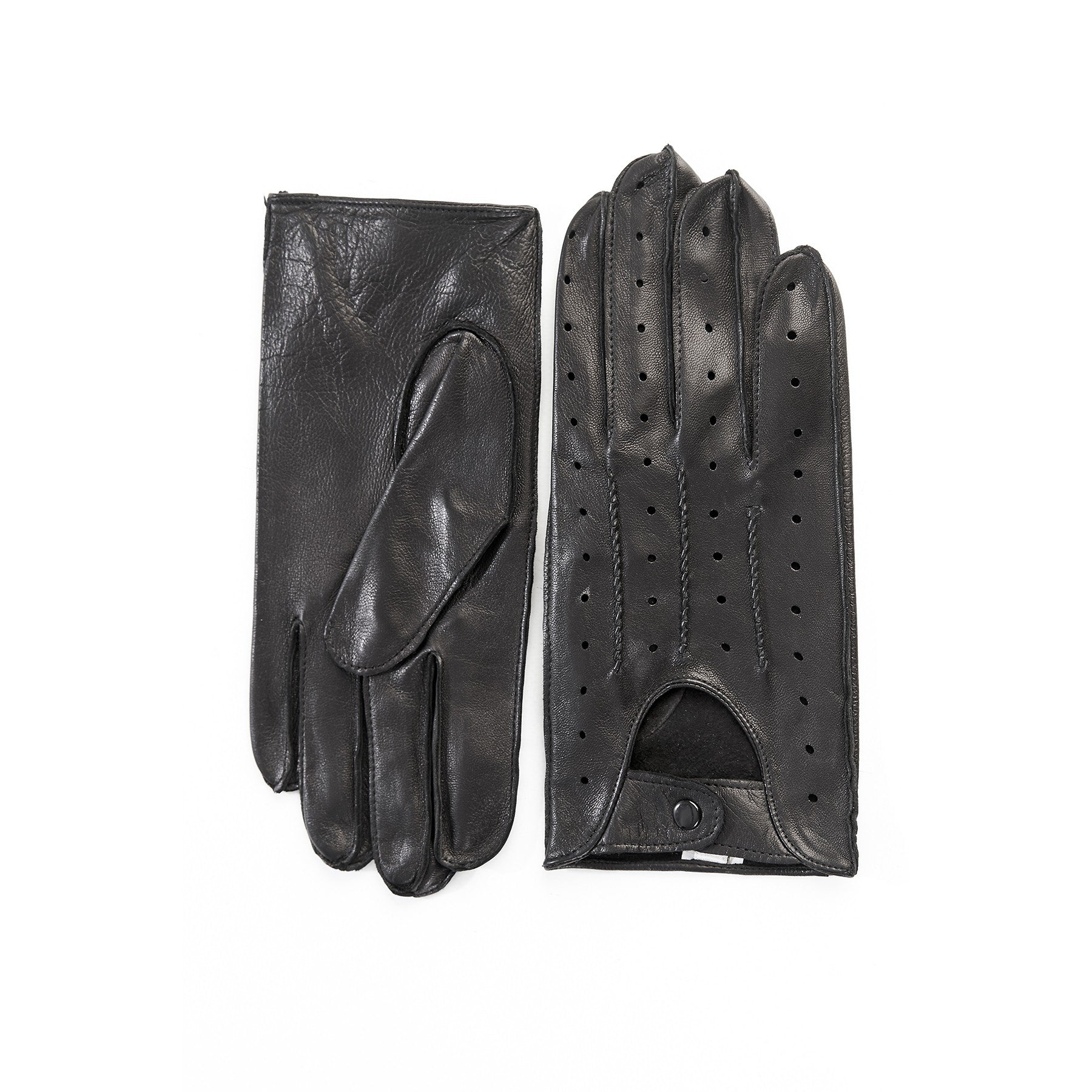 Men's unlined black leather driving gloves with button closure