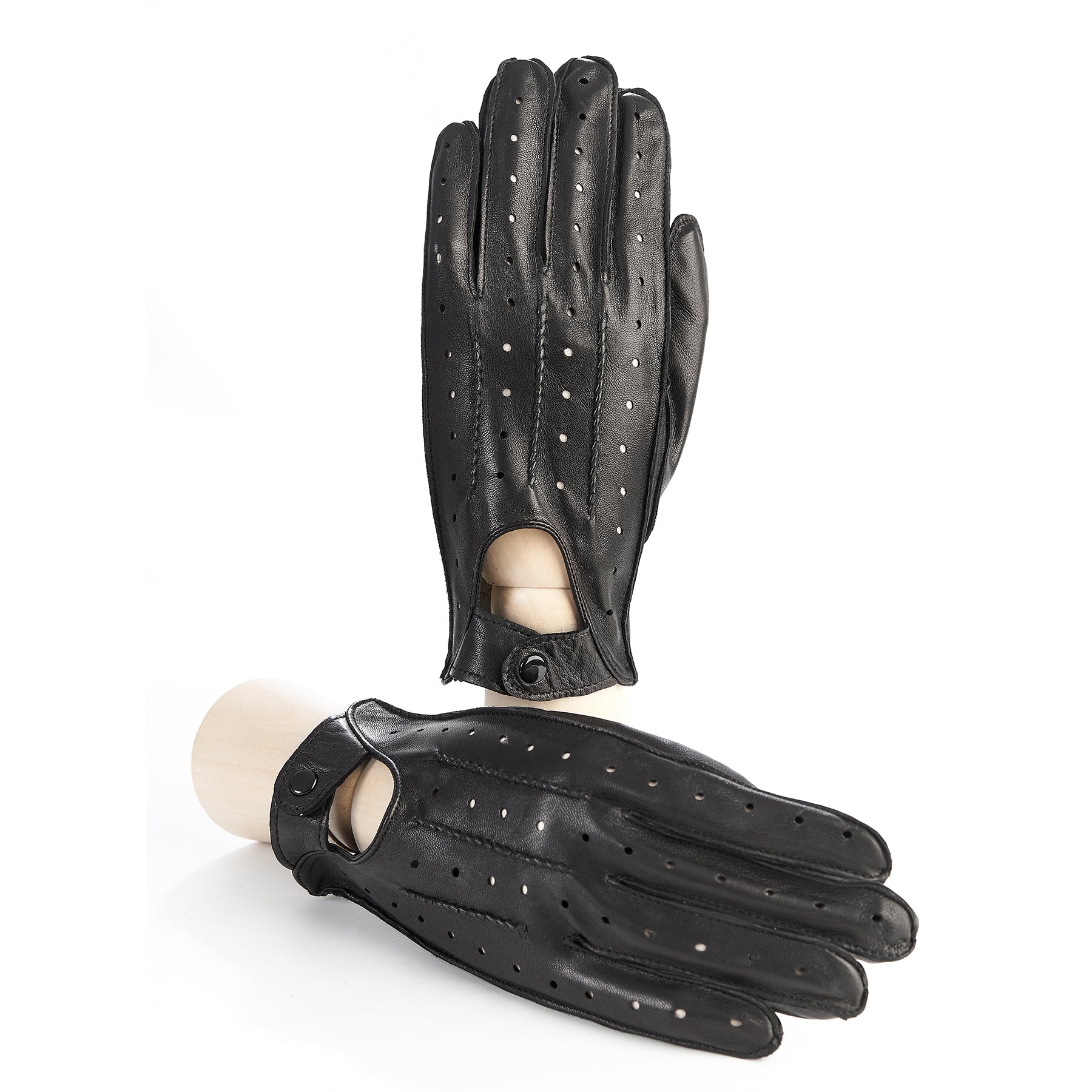 Men's unlined black leather driving gloves with button closure