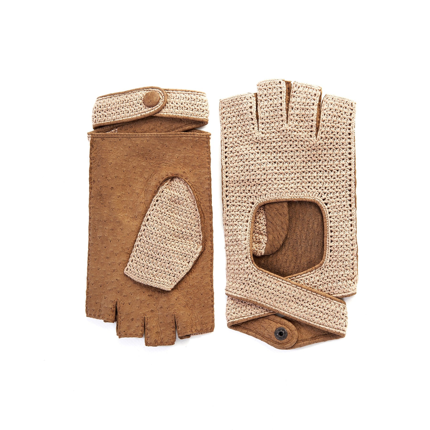Men's peccary fingerless driving gloves with crochet top and strap detail