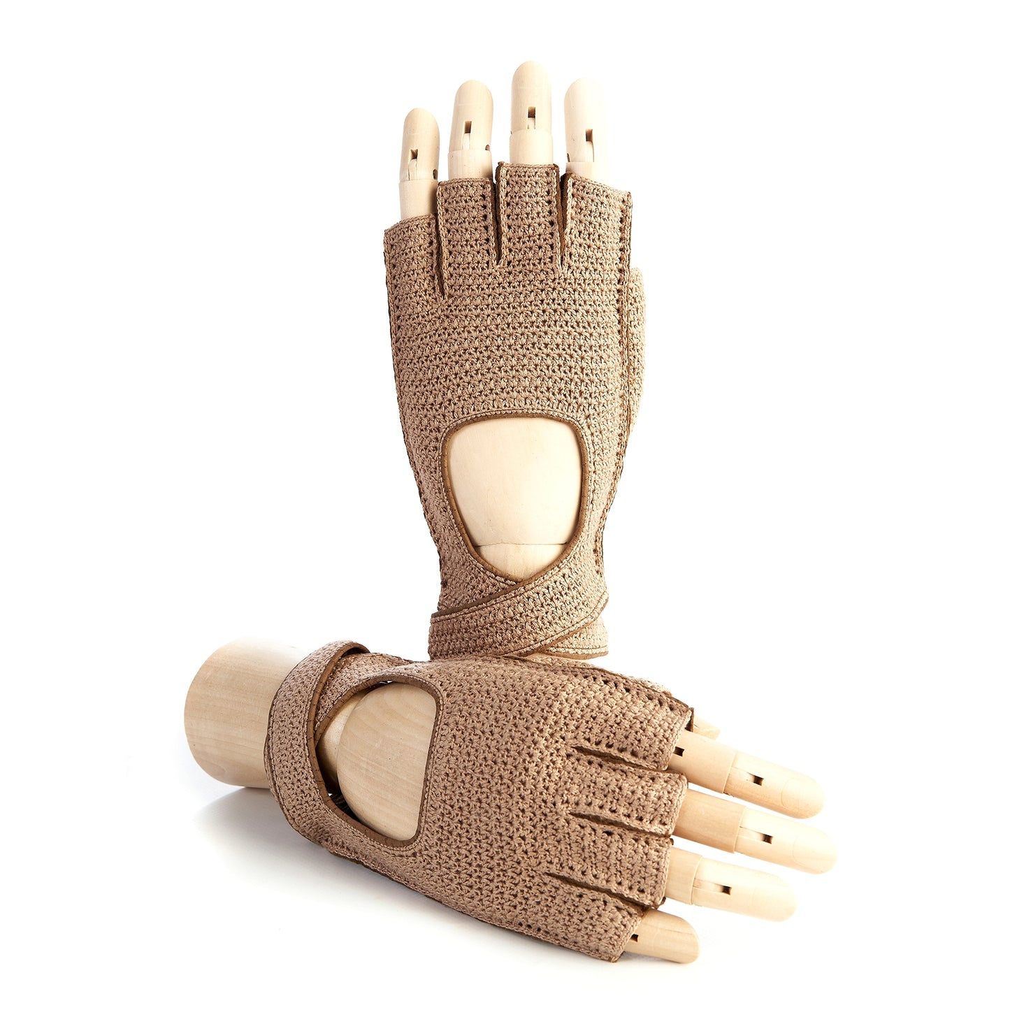Men's peccary fingerless driving gloves with crochet top and strap detail