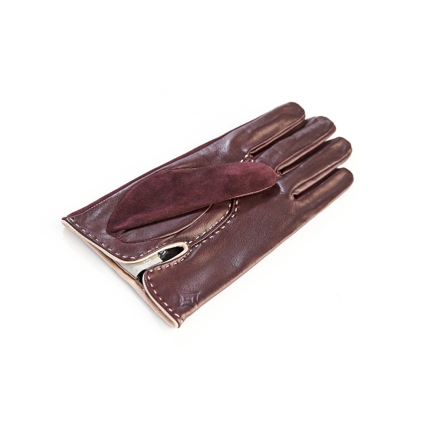 Men's elegant bordeaux suede and sheep leather combination gloves with hand-stitch details and silk lining