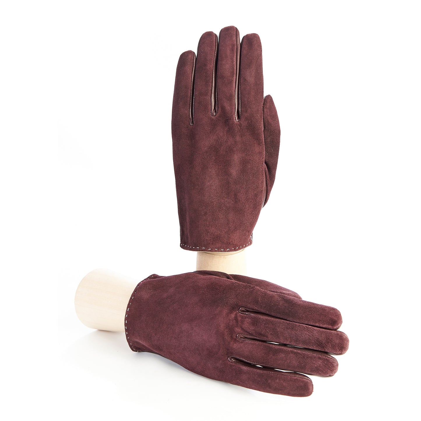 Men's elegant bordeaux suede and sheep leather combination gloves with hand-stitch details and silk lining