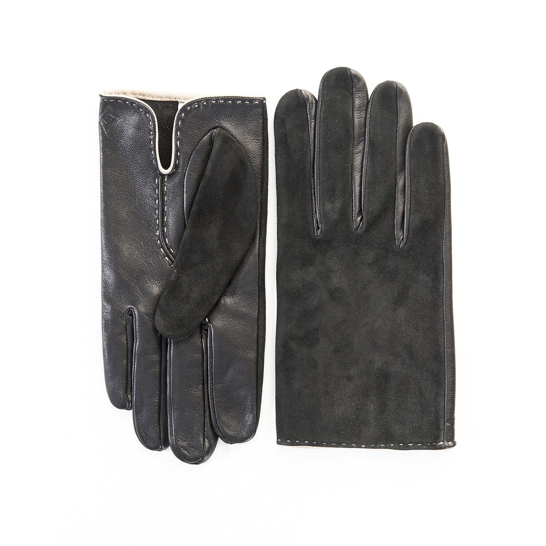 Men's elegant black suede and sheep leather combination gloves with hand-stitch details and silk lining