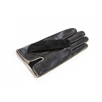 Men's elegant black suede and sheep leather combination gloves with hand-stitch details and silk lining