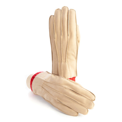 Men's nubuk gloves in beige color with red cashmere lining with cuff