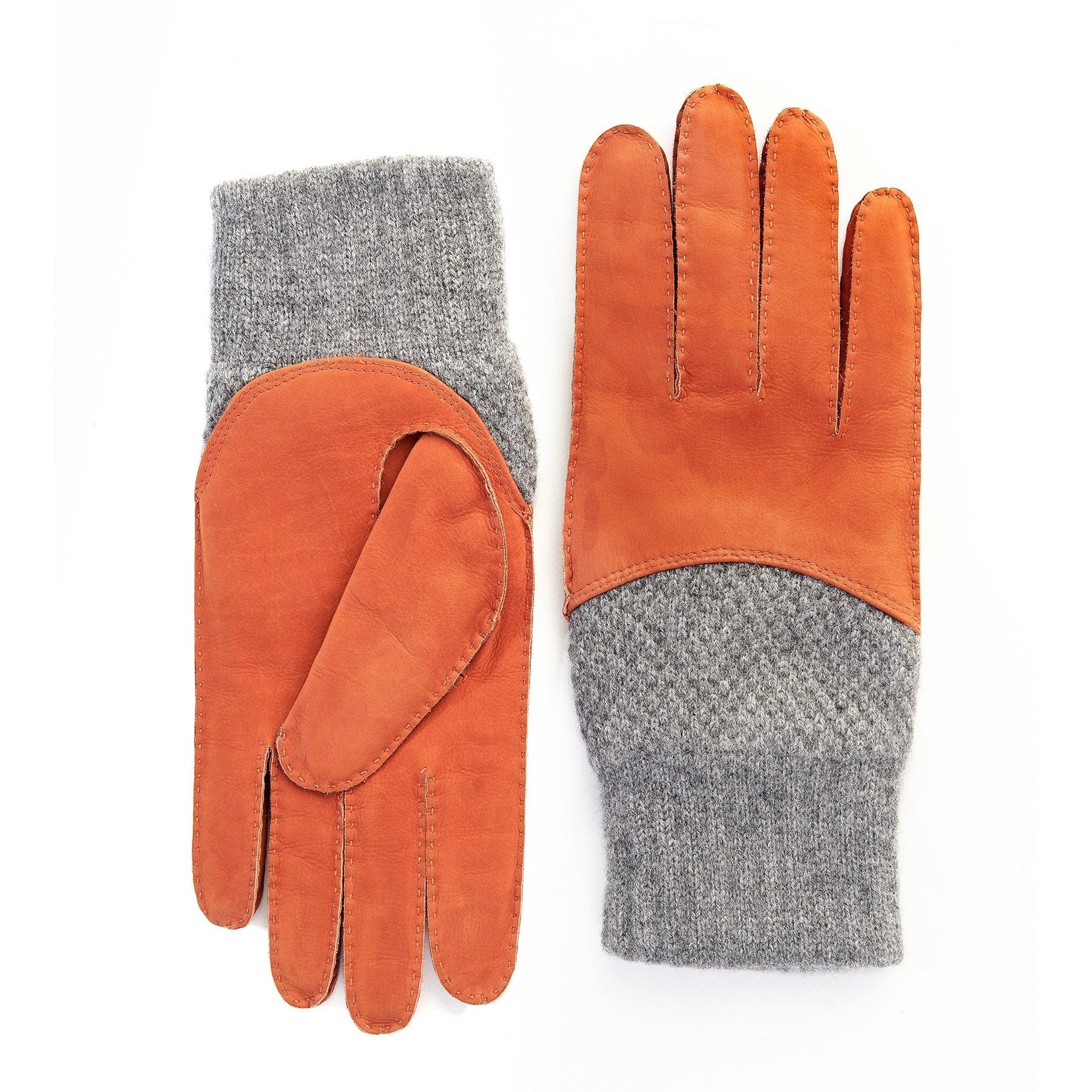 Men's hand-stitched nubuk gloves in color orange with grey cashmere top and lining