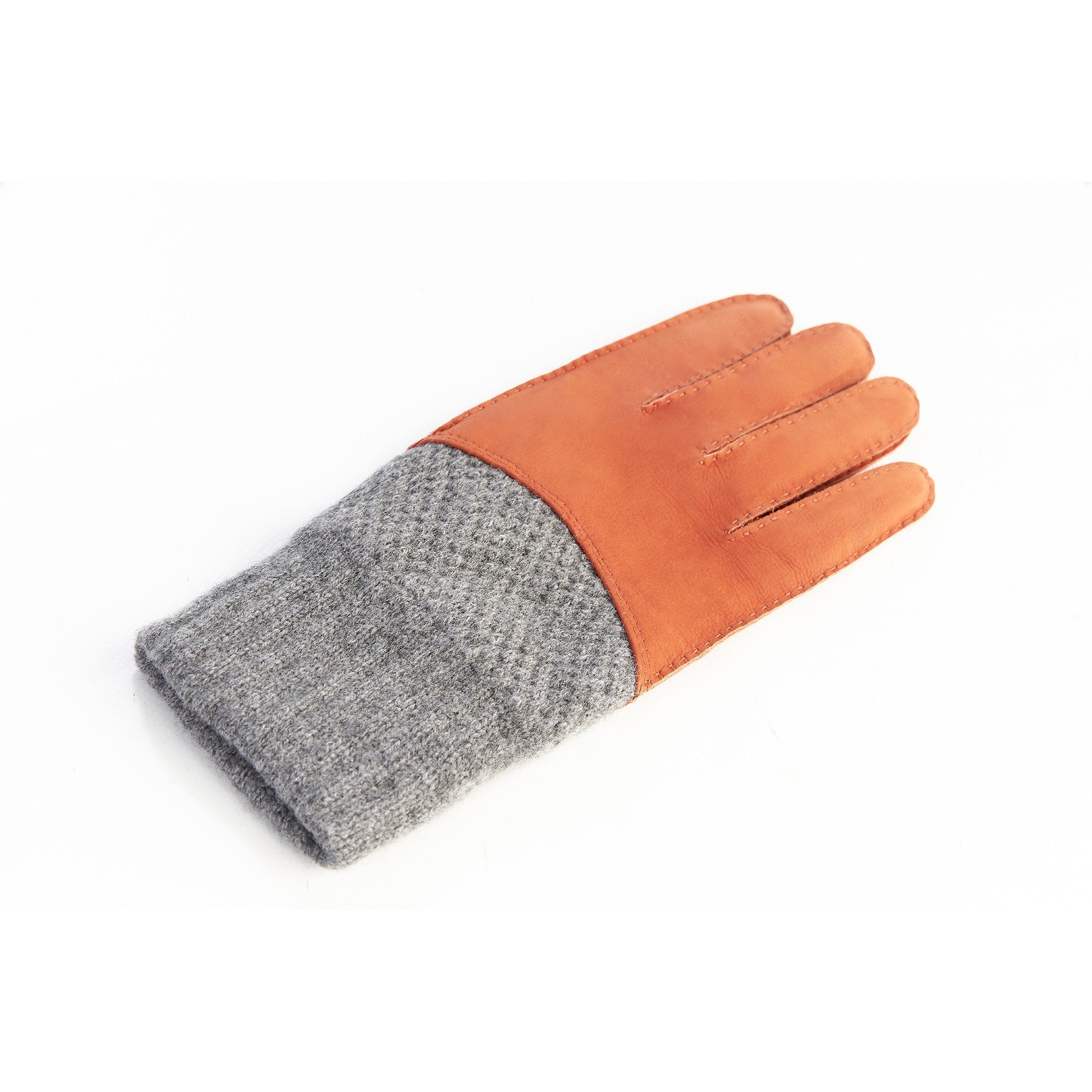 Men's hand-stitched nubuk gloves in color orange with grey cashmere top and lining