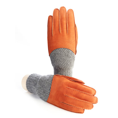 Men's hand-stitched nubuk gloves in color orange with grey cashmere top and lining