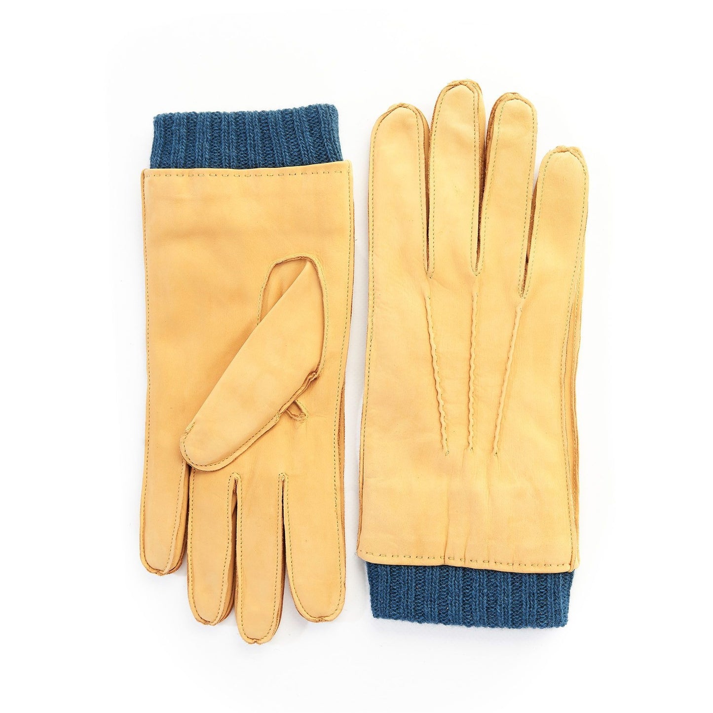 Men's nubuk gloves in yellow color with petrol cashmere lining with cuff