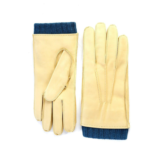 Men's pale yellow nubuk gloves with petrol cashmere lining with cuff
