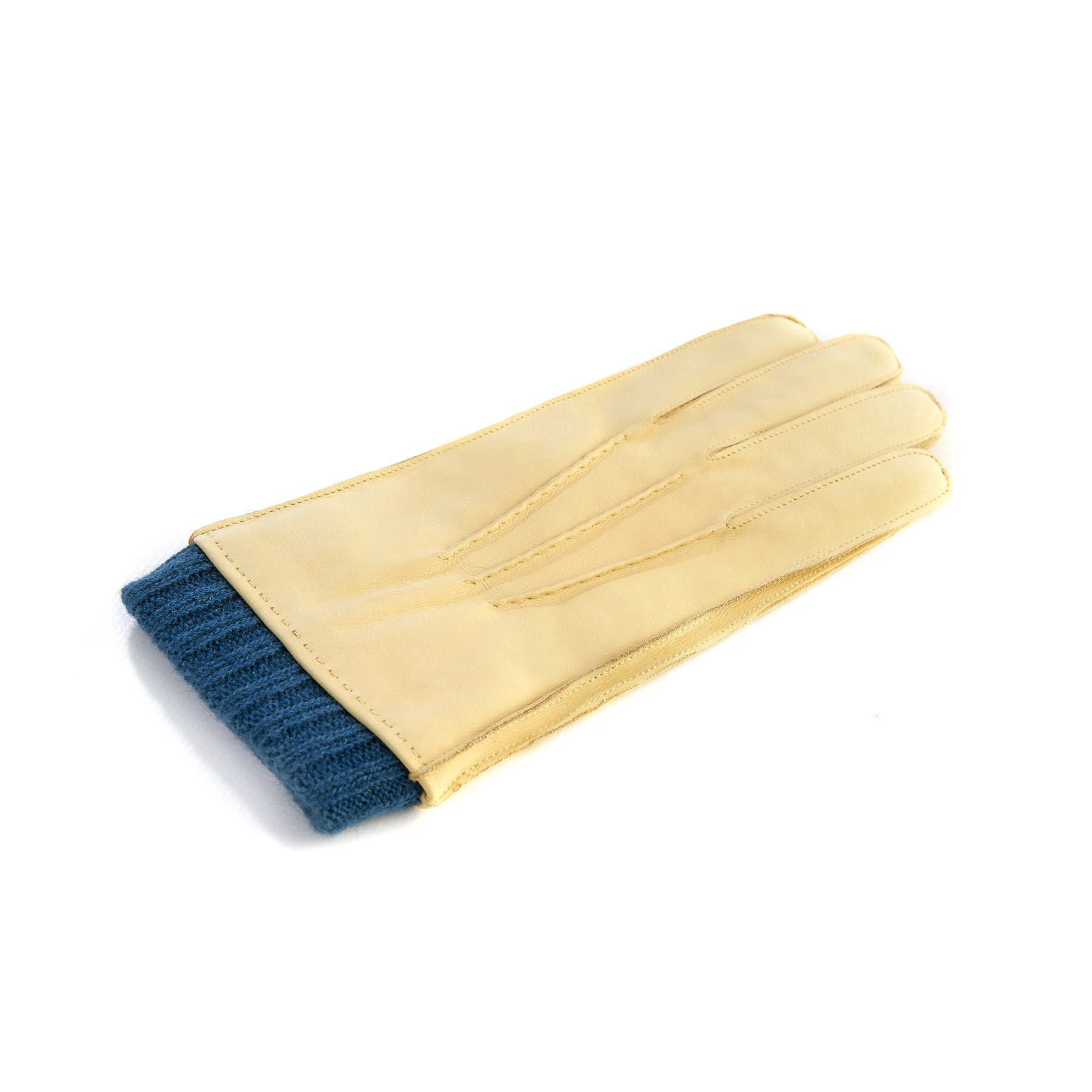 Men's pale yellow nubuk gloves with petrol cashmere lining with cuff