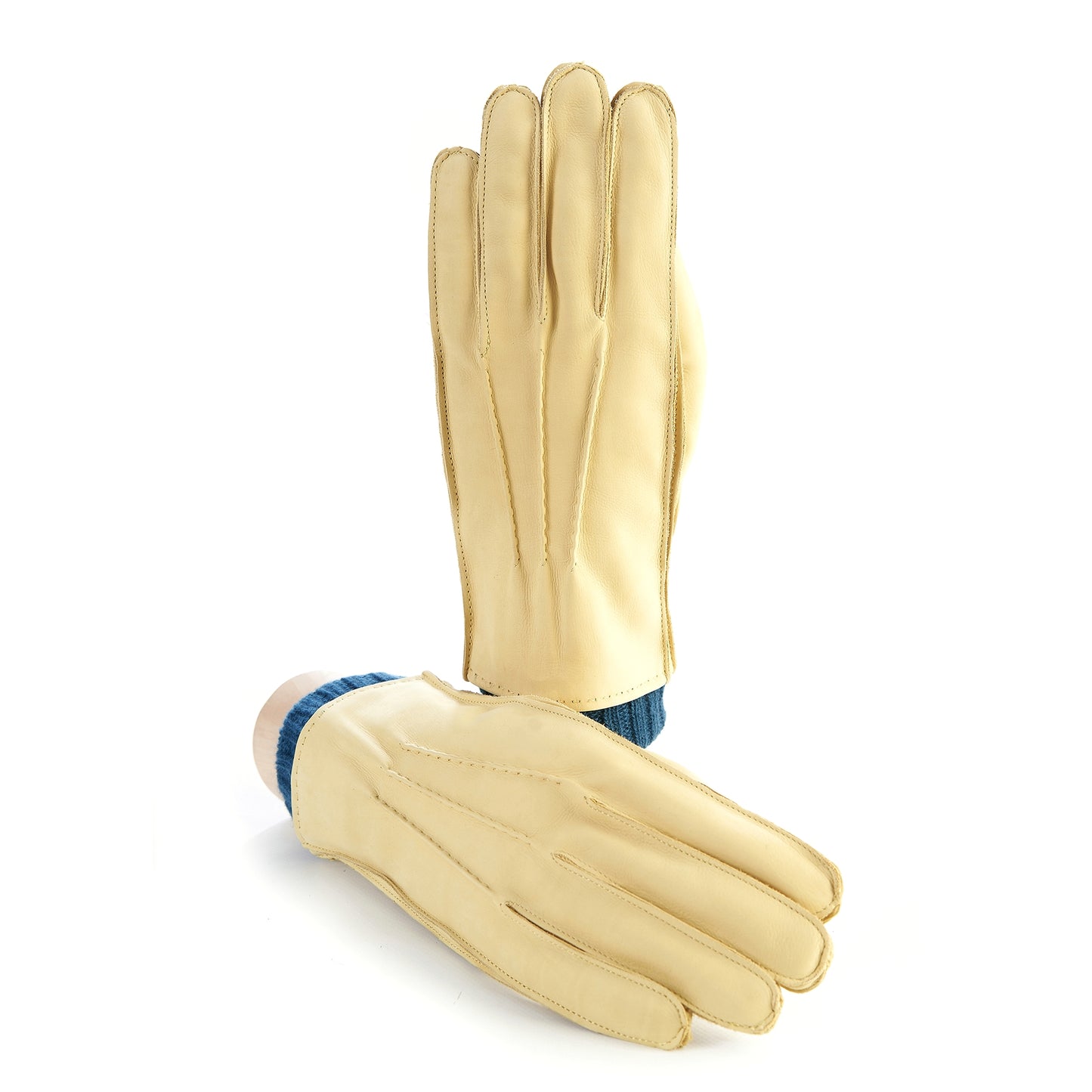 Men's pale yellow nubuk gloves with petrol cashmere lining with cuff