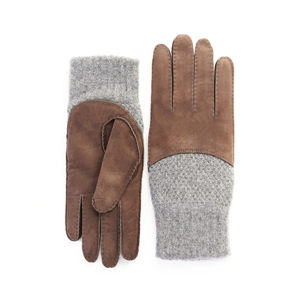 Men's hand-stitched nubuk gloves in color brown with grey cashmere top and lining